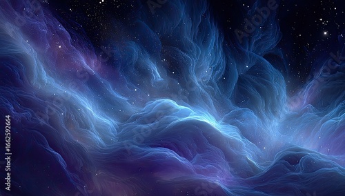Cosmic nebula, swirling blues and purples