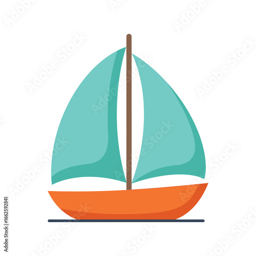 A simple illustration of a sailboat with orange hull and turquoise sails, , representing a nautical journey or leisure activity