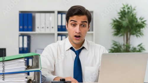 Wallpaper Mural A young professional man sits at his desk, looking intently at his laptop screen with a pile of documents and folders nearby, appearing stressed and overworked in a bright office setting Torontodigital.ca