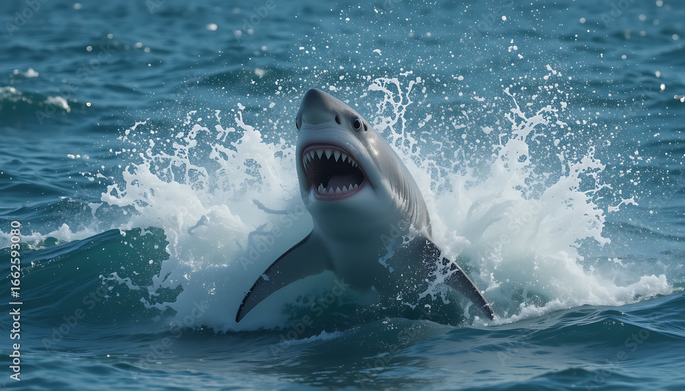 Naklejka premium Great white shark breaching the ocean surface captured in dynamic action shot