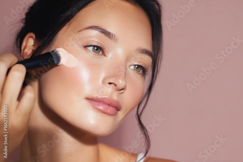 Beautiful woman applying foundation with a makeup brush.