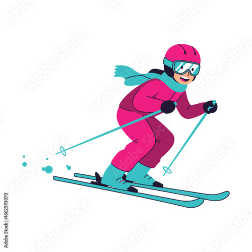 A woman in a pink ski suit and helmet skiing down a snowy slope with poles, , representing winter sports and outdoor adventure
