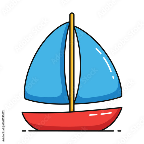 A simple illustration of a sailboat with red hull and blue sails, , symbolizing a summer vacation or a sea adventure