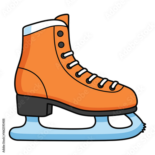 Orange figure ice skate with white laces and blue blade