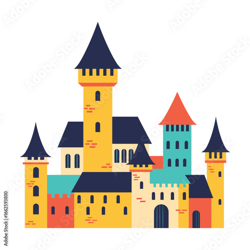 A vibrant and whimsical illustration of a fairytale castle with multiple colorful towers, turrets, and arched gateways
