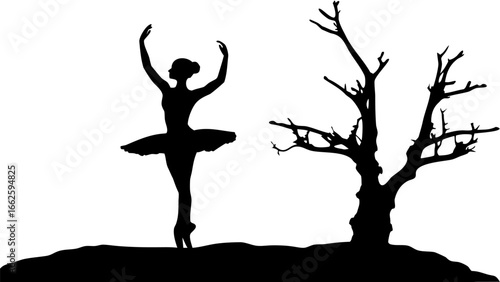 Silhouette of a ballerina in a tutu with arms raised next to a bare tree on a dark ground against white background