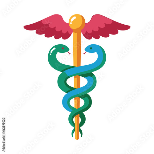 Caduceus symbol with two snakes coiled around a winged staff, representing medicine and healthcare