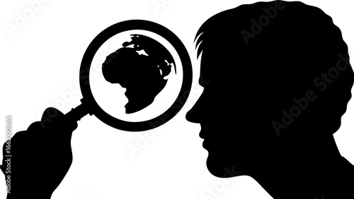 Silhouette of a person looking at a globe through a magnifying glass in black and white design style