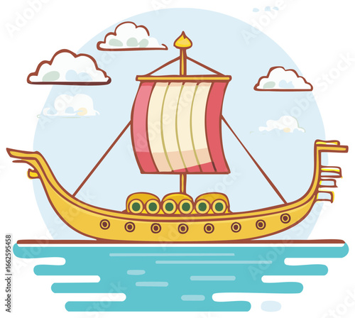 Cartoon illustration of a Viking ship sailing on the sea with sky and clouds
