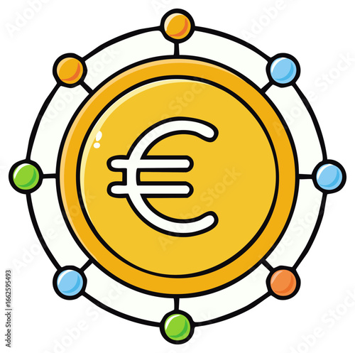Euro Currency Symbol Coin with Connecting Colorful Spheres