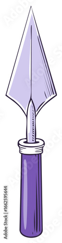 Cartoon illustration of a gardening hand trowel in violet and white colors