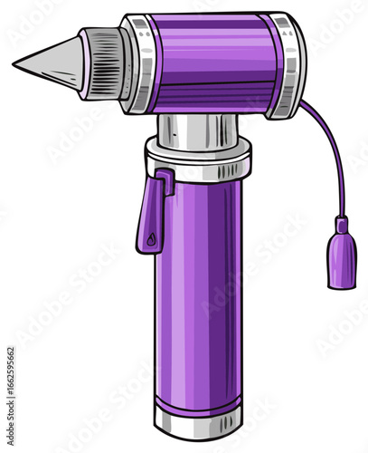 Illustration of purple otoscope with handle and viewing cone for ear exam, medical tool