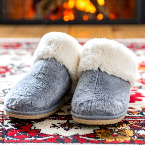 Cozy slippers by fireplace
