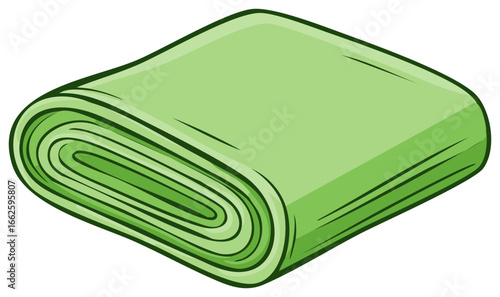 Rolled fabric illustration in green tones, textile material, folded roll, cartoon style, texture.