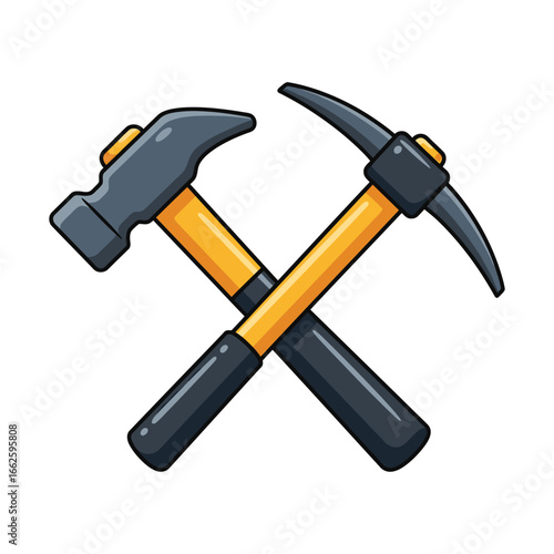 Crossed hammer and pickaxe tools