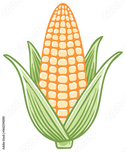 Brightly Colored Corn Ear with Green Leaves in Stylized Illustration