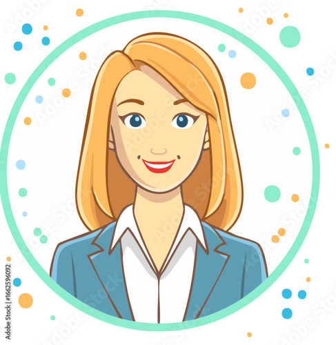Illustration of a smiling businesswoman with blonde hair and a blue blazer within a circle.