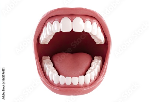 3D model of an open mouth with teeth and tongue