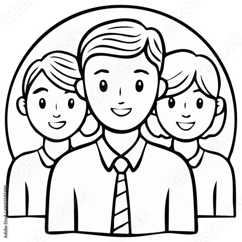 Line art depiction of happy team members in an outline circle frame. Diversity within a business team is illustrated with an art line design.