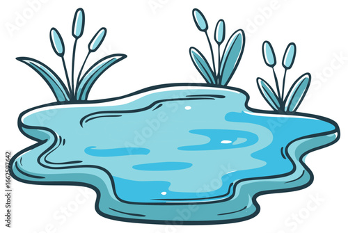 Cartoon Illustration of a Small Pond with Cattails on the Sides for Nature Designs
