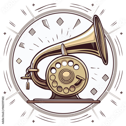Classic Golden Gramophone Icon Design Emitting Sound Waves Retro Music Player Illustration for Entertainment