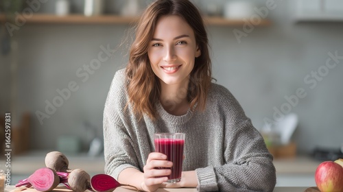 Smiling Young Woman Holding a Beetroot Smoothie in a Pastel Kitchen