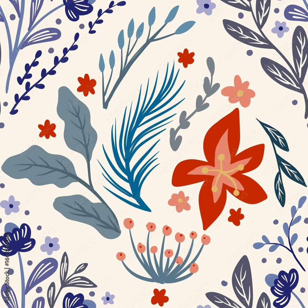 Fototapeta premium Autum Winter Pattern Background Illustration For Cover, Banner, Notes. Fall Winter Aesthetic Background. Plant And Flower Pattern Background.