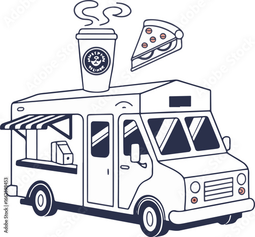 Food Truck Illustration with Coffee and Pizza Icons – Street Food Concept Design