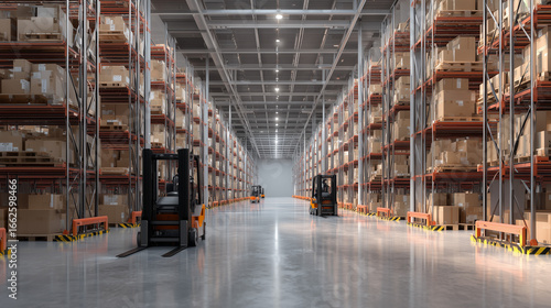Large Modern Warehouse Interior – Shelves with Cardboard Boxes and Forklifts in Industrial Logistics Center