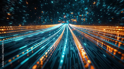 Futuristic digital stream of glowing blue and orange lines evokes vibrant speed and motion, creating dynamic technological atmosphere