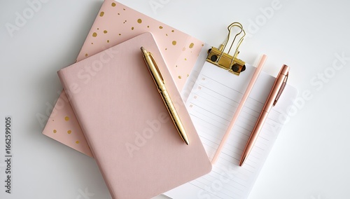 Pastel pink notebooks, a gold pen, and a clipboard with to-do list, all arranged on a white surface