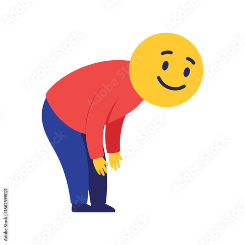 Happy yellow emoji face character wearing a red shirt and blue pants, bowing down to greet