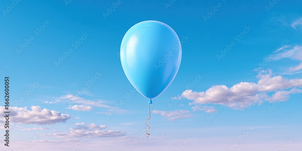 Obraz premium Ethereal Solitude - Single Pastel Blue Balloon Drifting in Minimal Cloudy Sky with Copy Space for Soft Toned Concepts