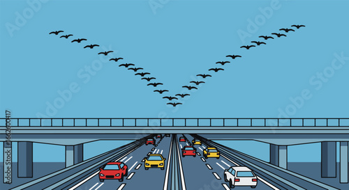 Pixel art vector illustration of birds flying in V-formation over a busy multi-lane highway with traffic and an overpass