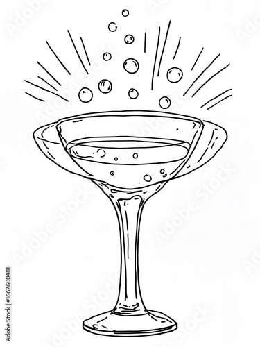 A 2D black and white line drawing of a classic champagne coupe glass.