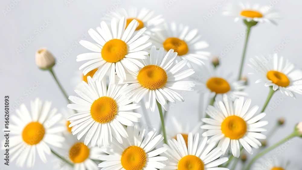 Fototapeta premium A delicate arrangement of fresh daisies basks in soft daylight against a white backdrop.