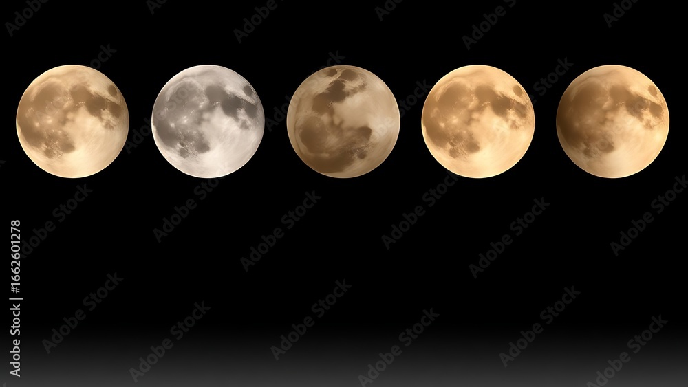 Obraz premium Five moon phases each depicting a unique scientific phenomenon artistically.