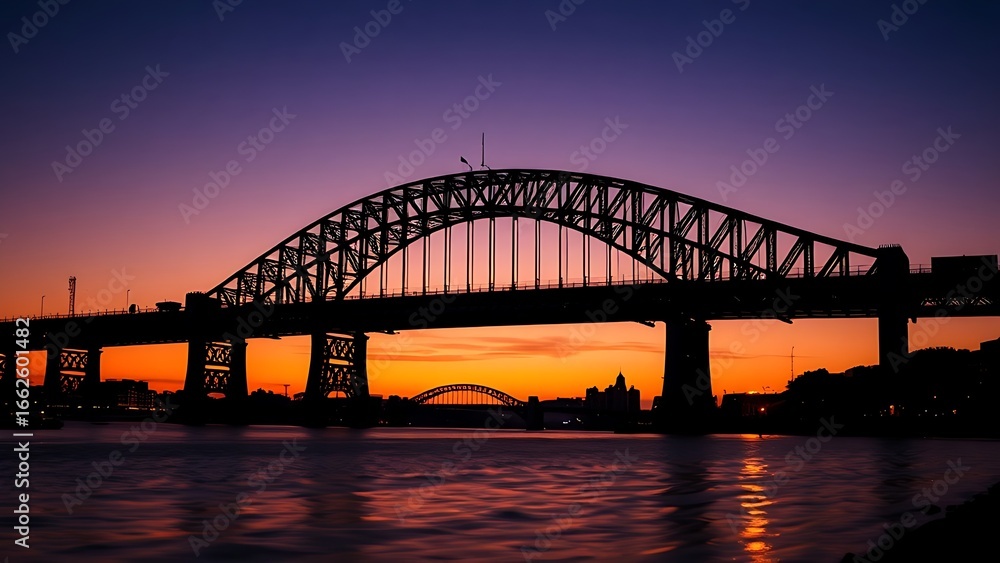 Naklejka premium Majestic steel bridge at dusk reflects golden light on calm water under a gradient twilight sky.