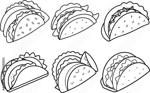 Set of fish tacos outline vector illustration line art
