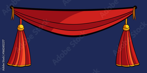 Close-up of a red velvet drape with decorative tassel on a blue background.