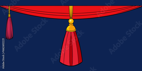 Close-up of a red velvet drape with decorative tassel on a blue background.