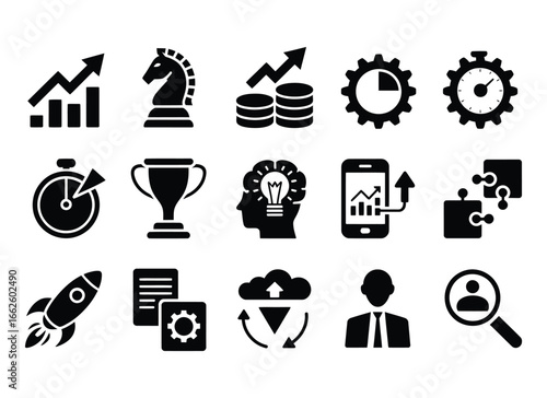 Business Strategy and Development Icons Set in Black Silhouette Style depicting growth and progress