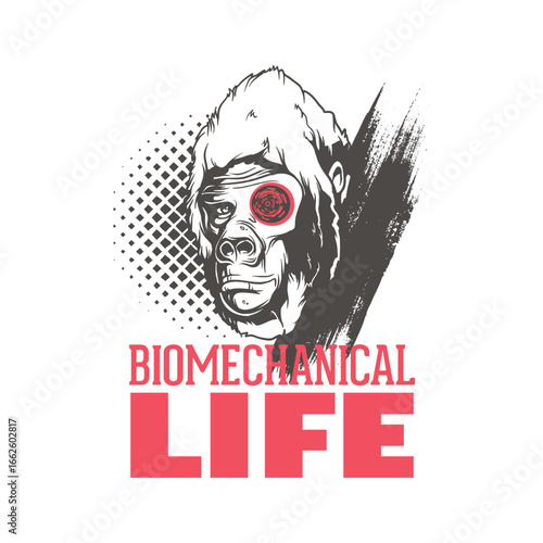 Gorilla with mechanical eye and text Biomechanical Life primate animal