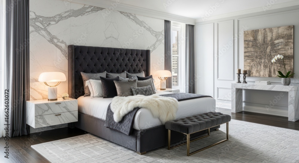 Fototapeta premium Luxurious Modern Bedroom with Marble Accents and Plush Furnishings