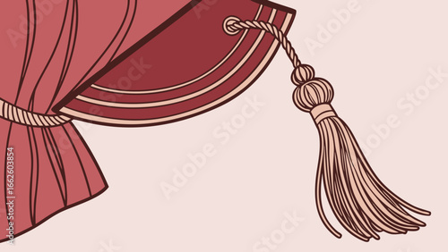 Close-up of a red velvet drape with decorative tassel on a pink background.
