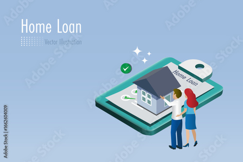 Family couple with house on home loan approvement contract. Buy new home, mortgage loan and money investment for family. Isometric Vector.