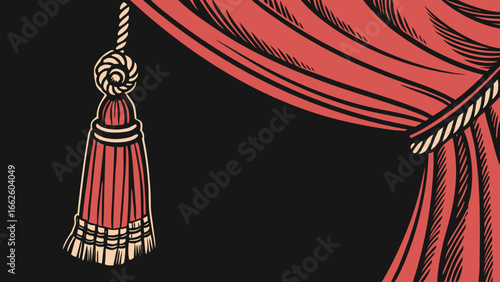 Close-up of a red velvet drape with decorative tassel on a dark background.