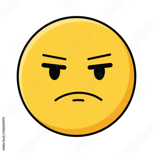 An angry yellow emoji face with a frown and furrowed brows, isolated on a, conveying displeasure and negative emotion
