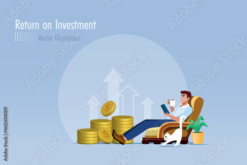 Man in happy manner with growth profit from return on investment and gold coins. Financial plan, smart and success investment strategy. Vector.