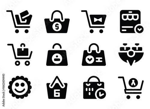 Diverse Black Shopping Icons Representing Online Retail and ECommerce Symbols Variety